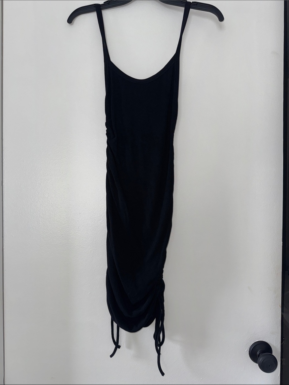 Olivaceous Black Ruched Drawstring Mini Dress